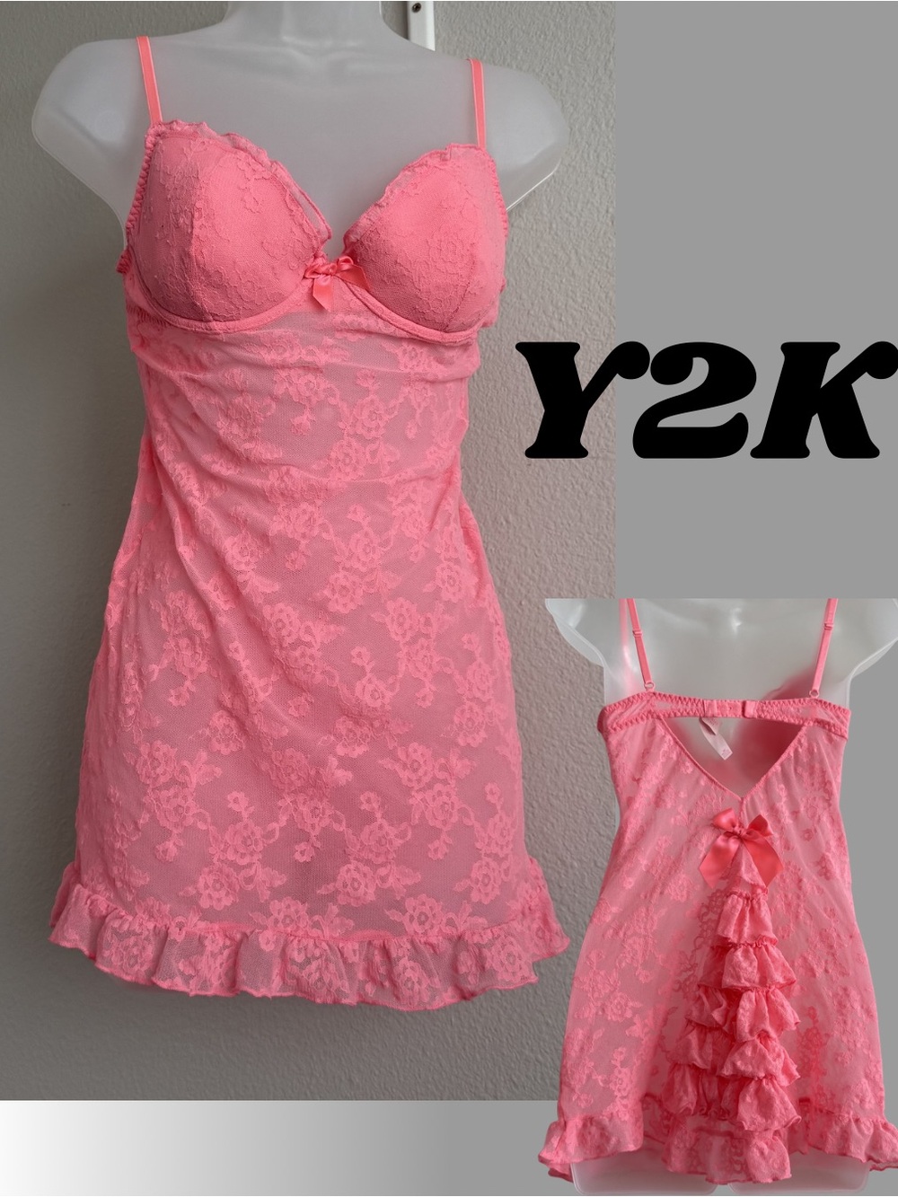 Victoria’s Secret Y2K Pink Lace Babydoll Slip – Coquette Ruffle Back – 36C